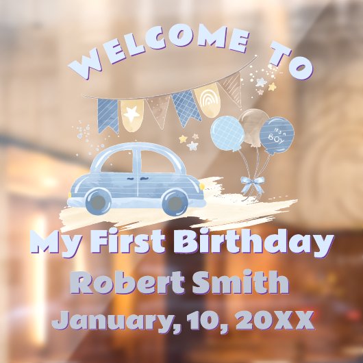  Pastel Blue Car with Balloons First Birthday Raamsticker (Vel 2)