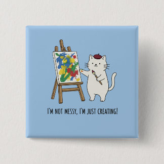 Pastel Blue Cat Artist Painting Abstract Messy  Vierkante Button 5,1 Cm