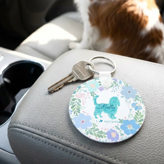 Pastel Blue Cavalier King Charles Spaniel Floral  Sleutelhanger