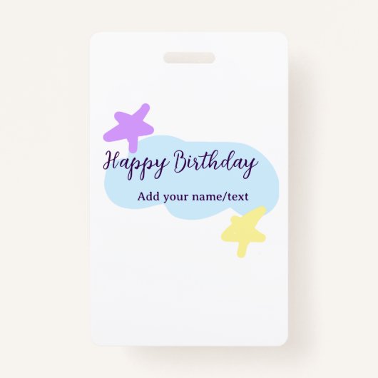 Pastel blue clouds stars purple happy birthday nam badge (Voorkant)