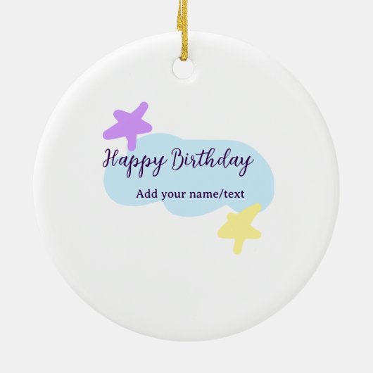 Pastel blue clouds stars purple happy birthday nam keramisch ornament (Achterkant)