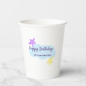 Pastel blue clouds stars purple happy birthday nam papieren bekers (Voorkant)