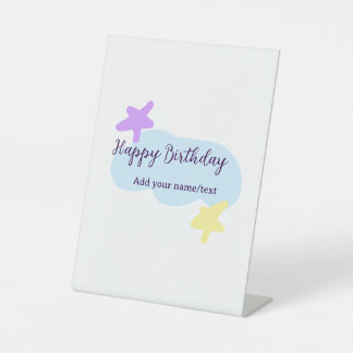 Pastel blue clouds stars purple happy birthday nam reclamebord met voetstuk