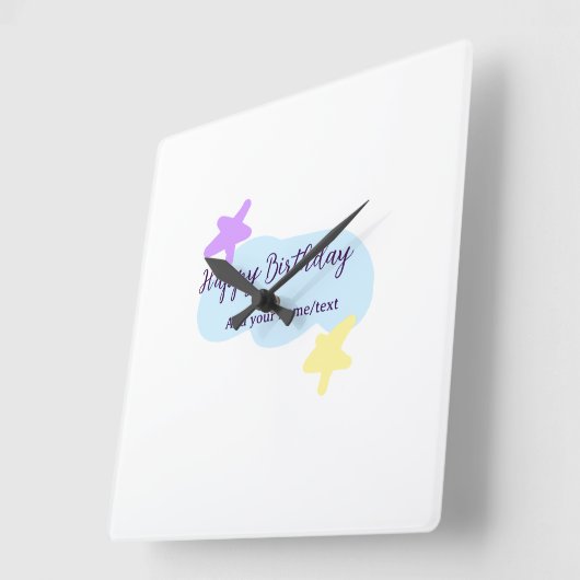 Pastel blue clouds stars purple happy birthday nam vierkante klok (Hoek)