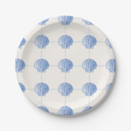 Pastel Blue Coastal Painted Clam Seashell Checkers Papieren Bordje