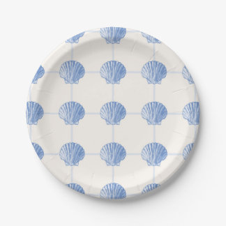 Pastel Blue Coastal Painted Clam Seashell Checkers Papieren Bordje