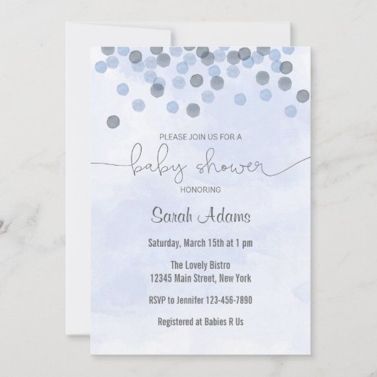 Pastel Blue Confetti Baby shower Invitation Kaart (Voorkant)