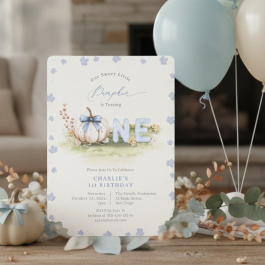 Pastel Blue Coquette Little Pumpkin 1st Birthday Kaart
