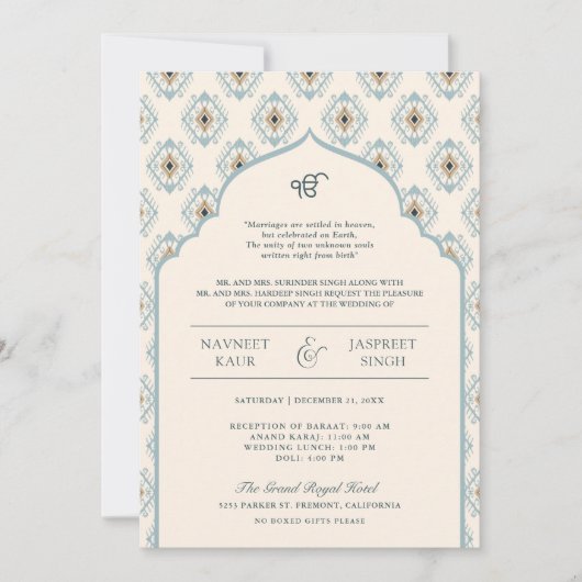 Pastel Blue Cream Ikat Anand Karaj Sikh Bruiloft Kaart (Voorkant)