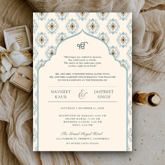 Pastel Blue Cream Ikat Anand Karaj Sikh Bruiloft Kaart