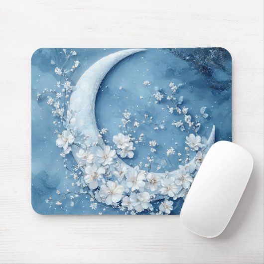 PASTEL BLUE CRESCENT MOON WITH WHITE FLOWERS MUISMAT (Met muis)