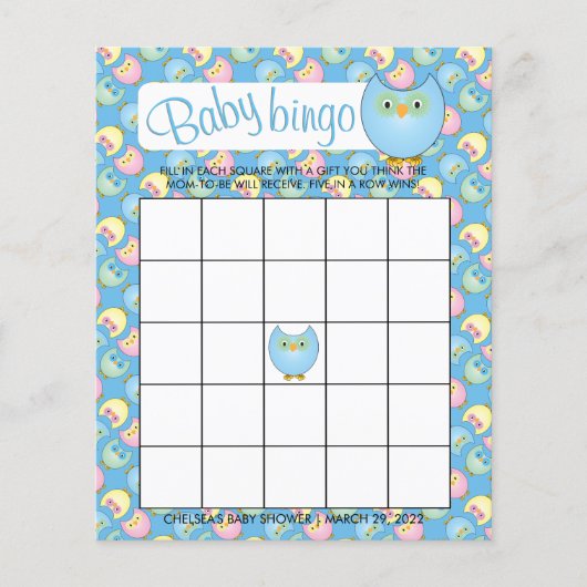 Pastel Blue Cute Owl Baby shower Theme - Bingo Flyer (Voorkant)