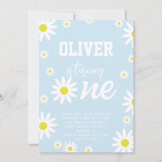 Pastel Blue Daisy 1st Birthday Party Boho White Kaart (Voorkant)