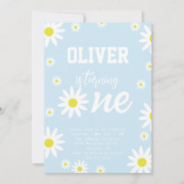 Pastel Blue Daisy 1st Birthday Party Boho White Kaart