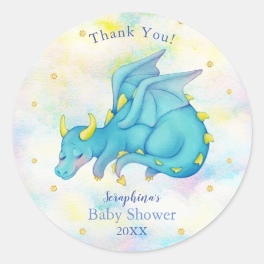 Pastel Blue Dragon Boy Baby shower Dank u wel Ronde Sticker (Voorkant)