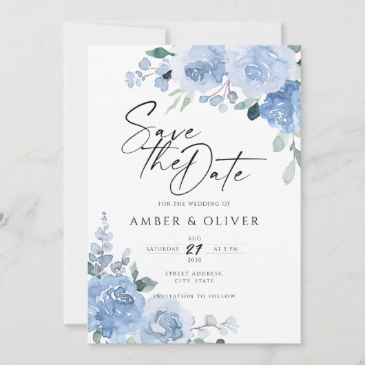 Pastel Blue Dusty Floral Light Boho Save the Date Kaart (Voorkant)