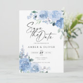 Pastel Blue Dusty Floral Light Boho Save the Date Kaart (Staand voorkant)