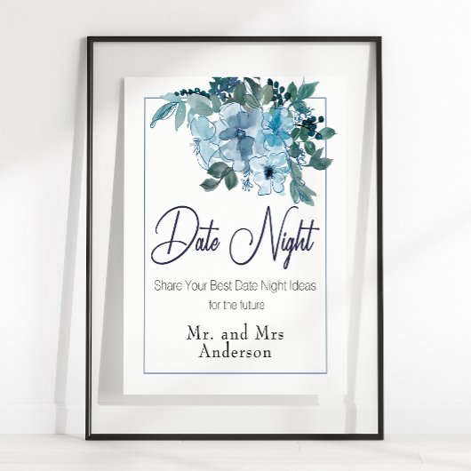 Pastel Blue Elegant Rozen Weddatum Nachtteken Poster