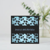Pastel Blue en Black Flowers 40th Birthday Kaart (Staand voorkant)