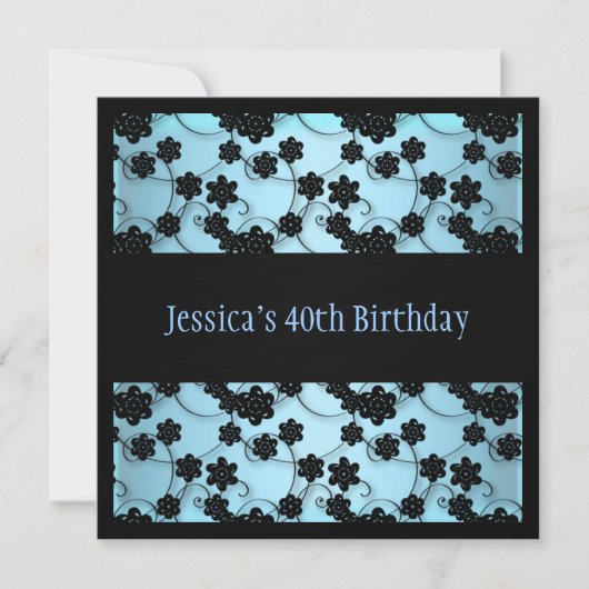 Pastel Blue en Black Flowers 40th Birthday Kaart (Voorkant)