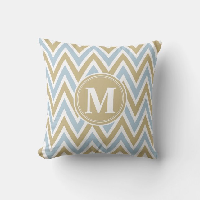 Pastel Blue en Brown Chevron Monogram Kussen (Voorkant)