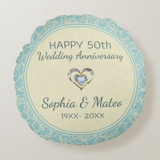 Pastel Blue en Cream Floral Damaskers Rond Kussen (Voorkant)