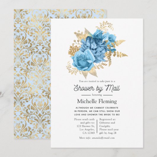 Pastel Blue en Gold Floral Shower per mail Kaart (Voorkant / Achterkant)