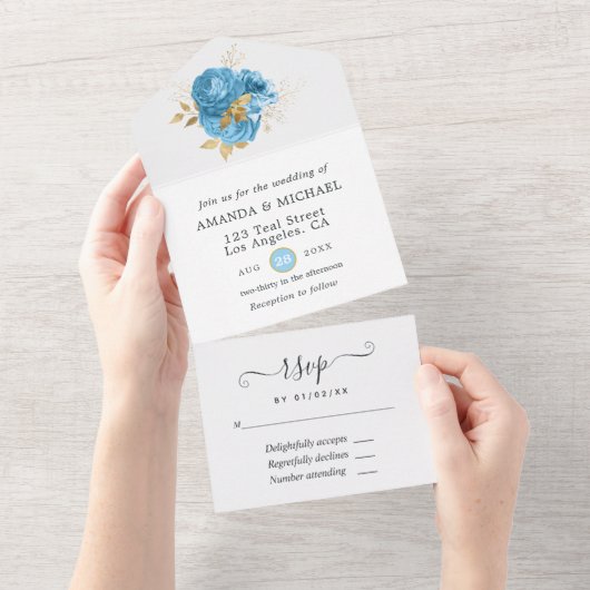 Pastel Blue en Gold Floral Wedding All In One Uitnodiging (Afscheurbaar)