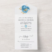 Pastel Blue en Gold Floral Wedding All In One Uitnodiging (Binnen)