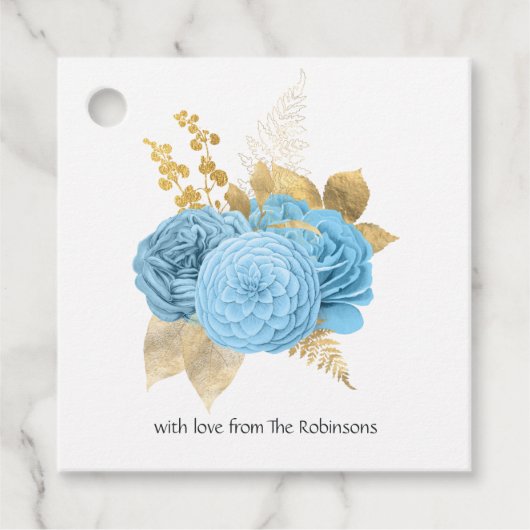 Pastel Blue en Gold Floral Wedding Bedankjes Labels (Voorkant)