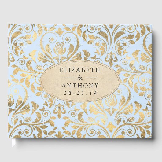Pastel Blue en Gold Floral Wedding Gastenboek (Voorkant)