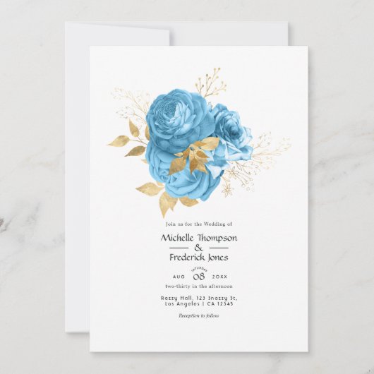 Pastel Blue en Gold Floral Wedding Kaart (Voorkant)
