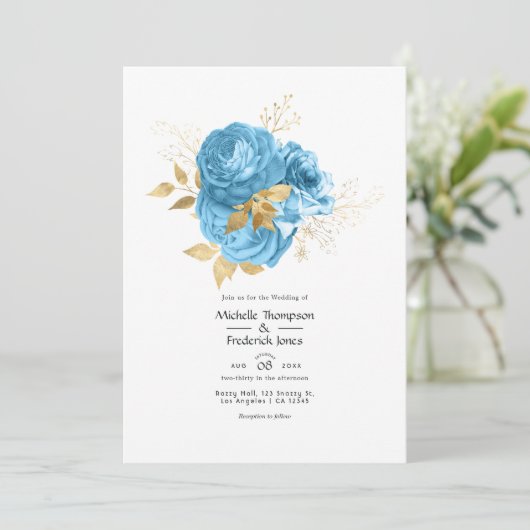 Pastel Blue en Gold Floral Wedding Kaart (Staand voorkant)