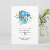 Pastel Blue en Gold Floral Wedding Kaart (Staand voorkant)
