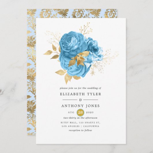 Pastel Blue en Gold Floral Wedding Kaart (Voorkant / Achterkant)