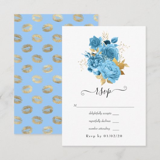 Pastel Blue en Gold Floral Wedding RSVP Kaartje (Voorkant / Achterkant)