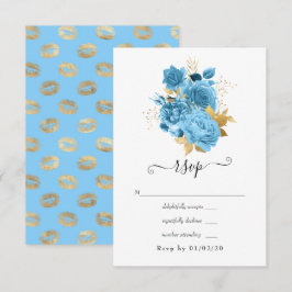 Pastel Blue en Gold Floral Wedding RSVP Kaartje