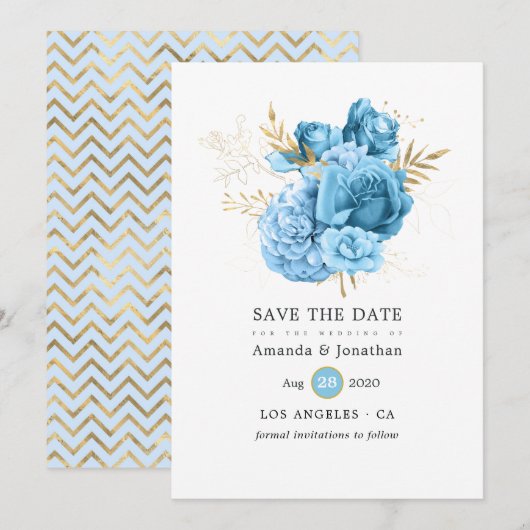 Pastel Blue en Gold Floral Wedding Save The Date (Voorkant / Achterkant)