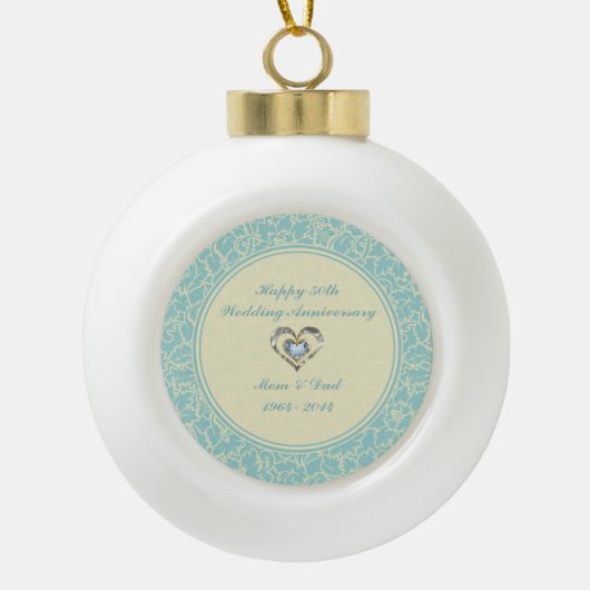 Pastel Blue en Kreme Floral Damaskers Keramische Bal Ornament (Voorkant)