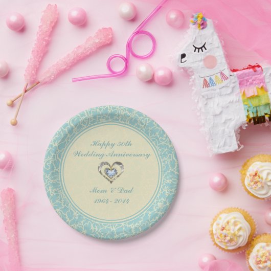 Pastel Blue en Kreme Floral Damaskers Papieren Bordje (Feest)