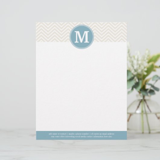 Pastel Blue en Linen Chevrons Aangepaste Monogramm Briefhoofd Ontwerp (Staand voorkant)
