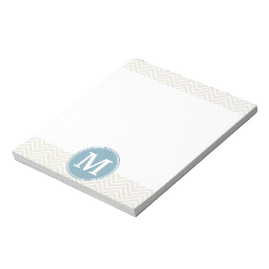 Pastel Blue en Linen Chevrons Aangepaste Monogramm Notitieblok (Linkerzijde)