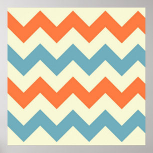 Pastel Blue en Oranje Chevron Stripes Zig Zags Poster