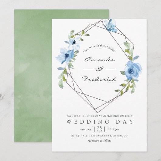 Pastel Blue en Sage Green Geometric Wedding Kaart (Voorkant / Achterkant)