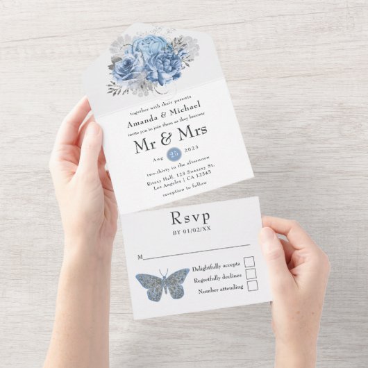 Pastel Blue en Silver  Roos Wedding All In One Uitnodiging (Afscheurbaar)