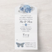 Pastel Blue en Silver  Roos Wedding All In One Uitnodiging (Binnen)