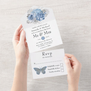 Pastel Blue en Silver  Roos Wedding All In One Uitnodiging