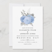 Pastel Blue en Silver  Roos Wedding Kaart (Voorkant)