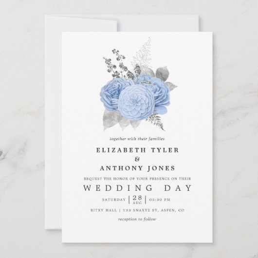 Pastel Blue en Silver  Roos Wedding Kaart (Voorkant)