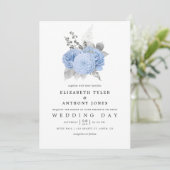 Pastel Blue en Silver  Roos Wedding Kaart (Staand voorkant)